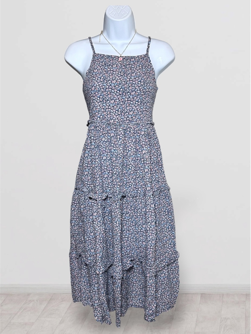 Blue Floral Tiered Maxi Dress Size Medium Boho Cottagecore Thin Straps Sundress